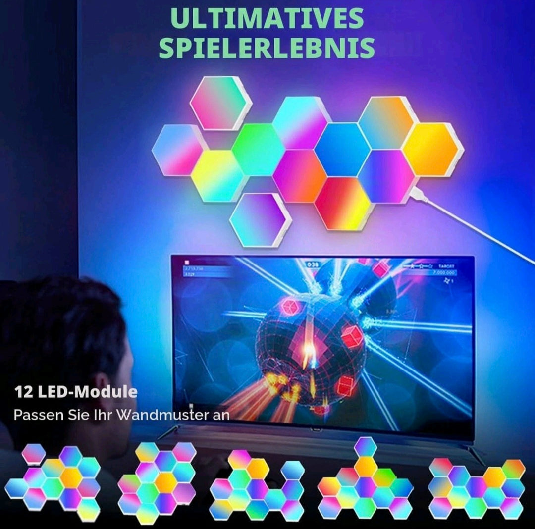 LED Sechseck Gaming Wandleuchte, 12PCS RGB Hexagon Panel, Musik Sync App Steuerung, Hexa Wandbeleuchtung Smart Deko